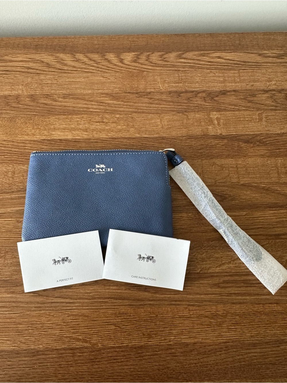 NWT Coach Blue Leather Wristlet Pouch with Strap
